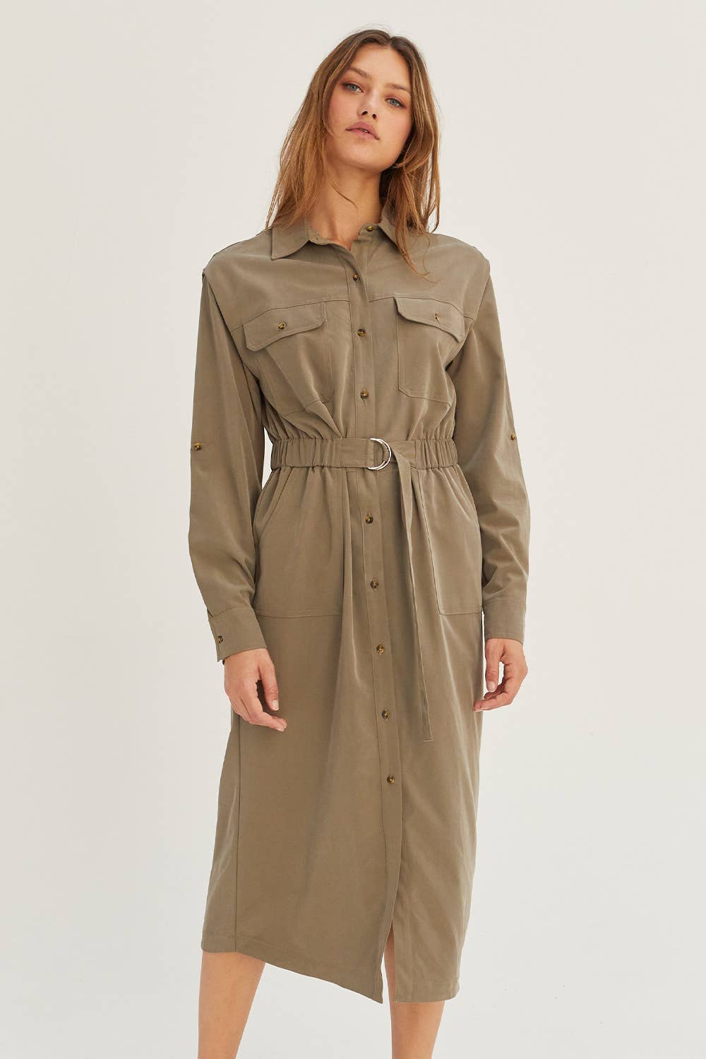 OLIVE CD8031 - Kayla Button Up Utility Midi dress for wholesale on Faire6