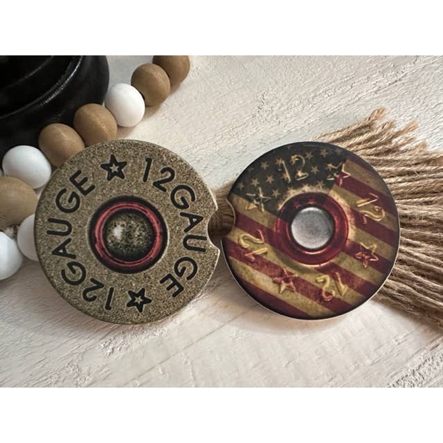 Set de posavasos para coche con bandera estadounidense y calibre 12 para venta al por mayor de Dogwood Graphics & Design