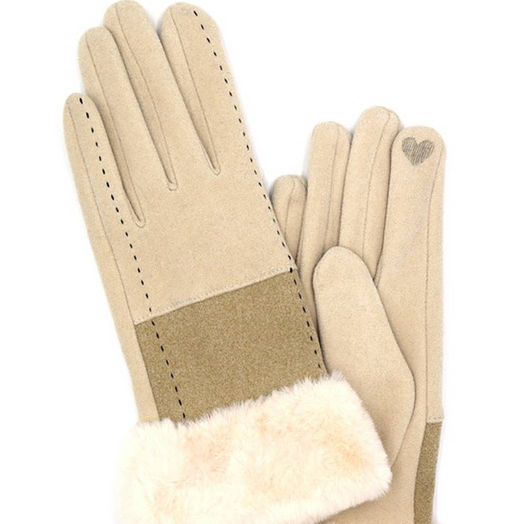 3AM BY H&D ACCESSORIES - Wholesale Gloves - Women's - Two Tone And Stitch Lines Faux Fur Cuff Smart Touch Gloves2
