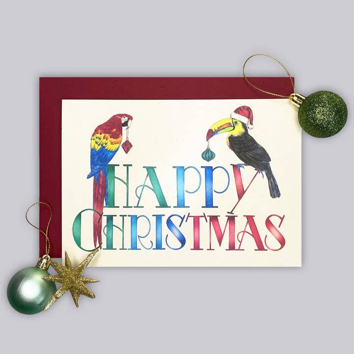 Toucan and Parrot Christmas Card for wholesale by Autumn Bella Designs
