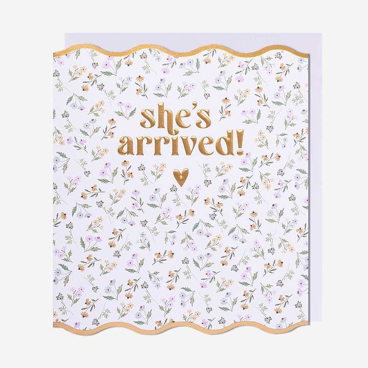 She's Arrived Floral New Baby Girl Card for wholesale by Pigment Productions Ltd