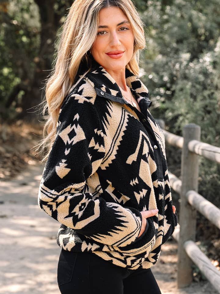LALA LOO - Wholesale Sweatshirt - Women's - LALALOO Western Aztec Fleece Half Buttoned Sweatshirt2