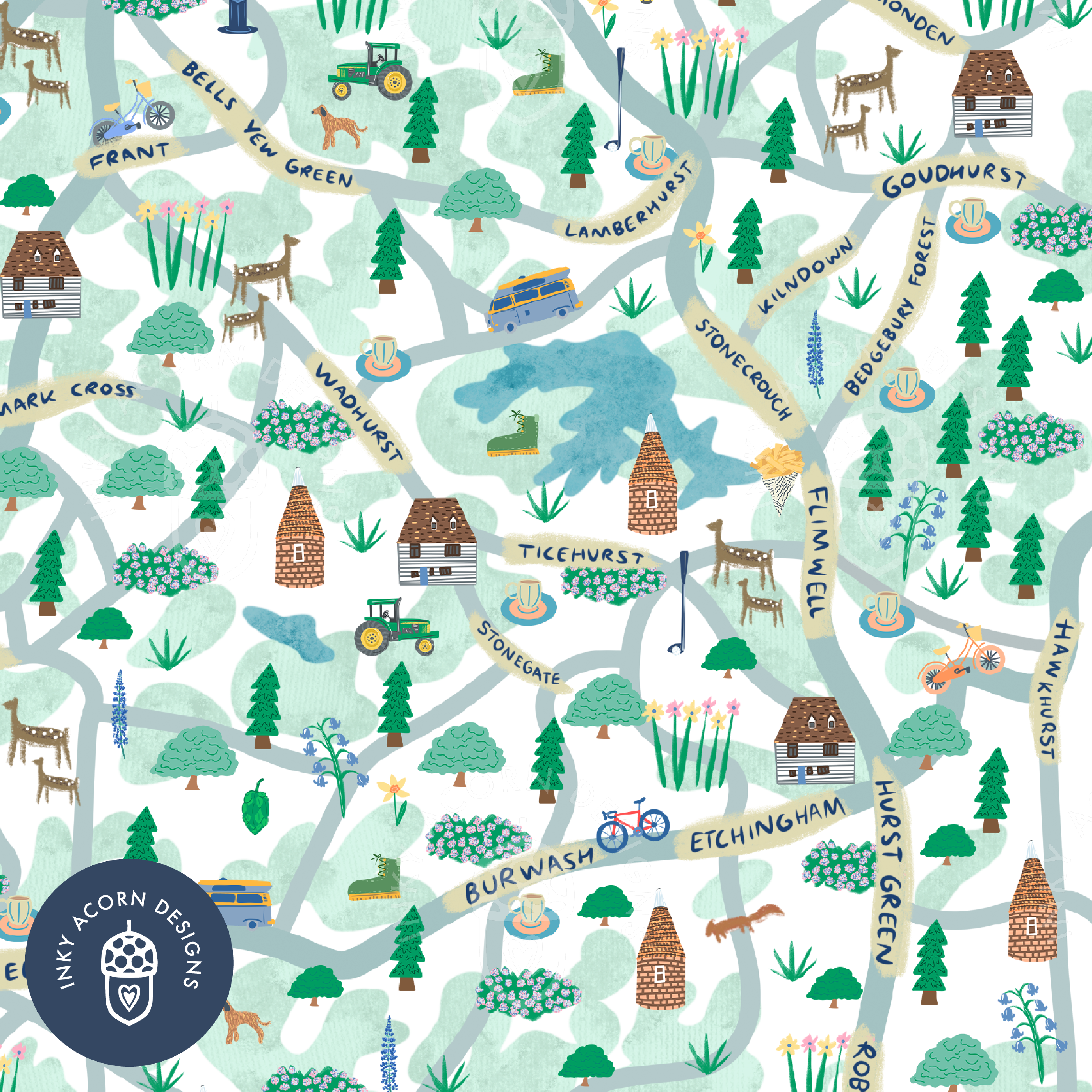 Inky Acorn Designs – wholesale Art print – Wealden Towns & Villages Illustrated Map Signed Art Print2