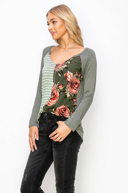 A.gain - Wholesale Tunic - Women's - 10759L296 - STRIPE AND FLORAL PRINT COLOR BLOCK TOP12