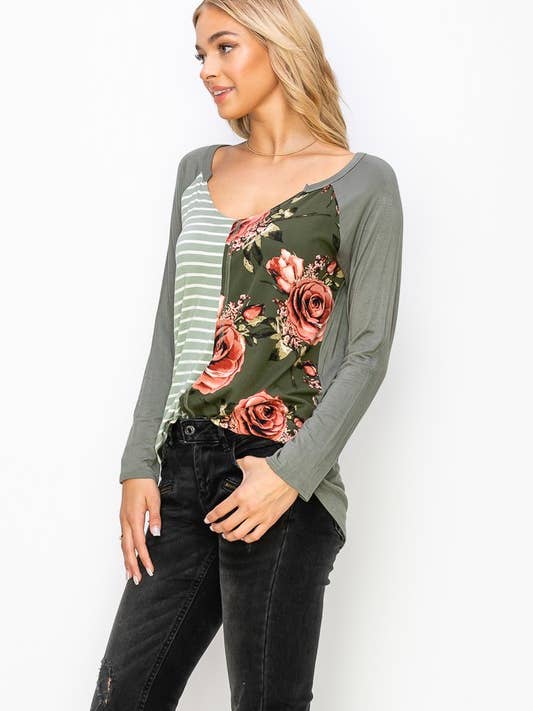A.gain - Wholesale Tunic - Women's - 10759L296 - STRIPE AND FLORAL PRINT COLOR BLOCK TOP12