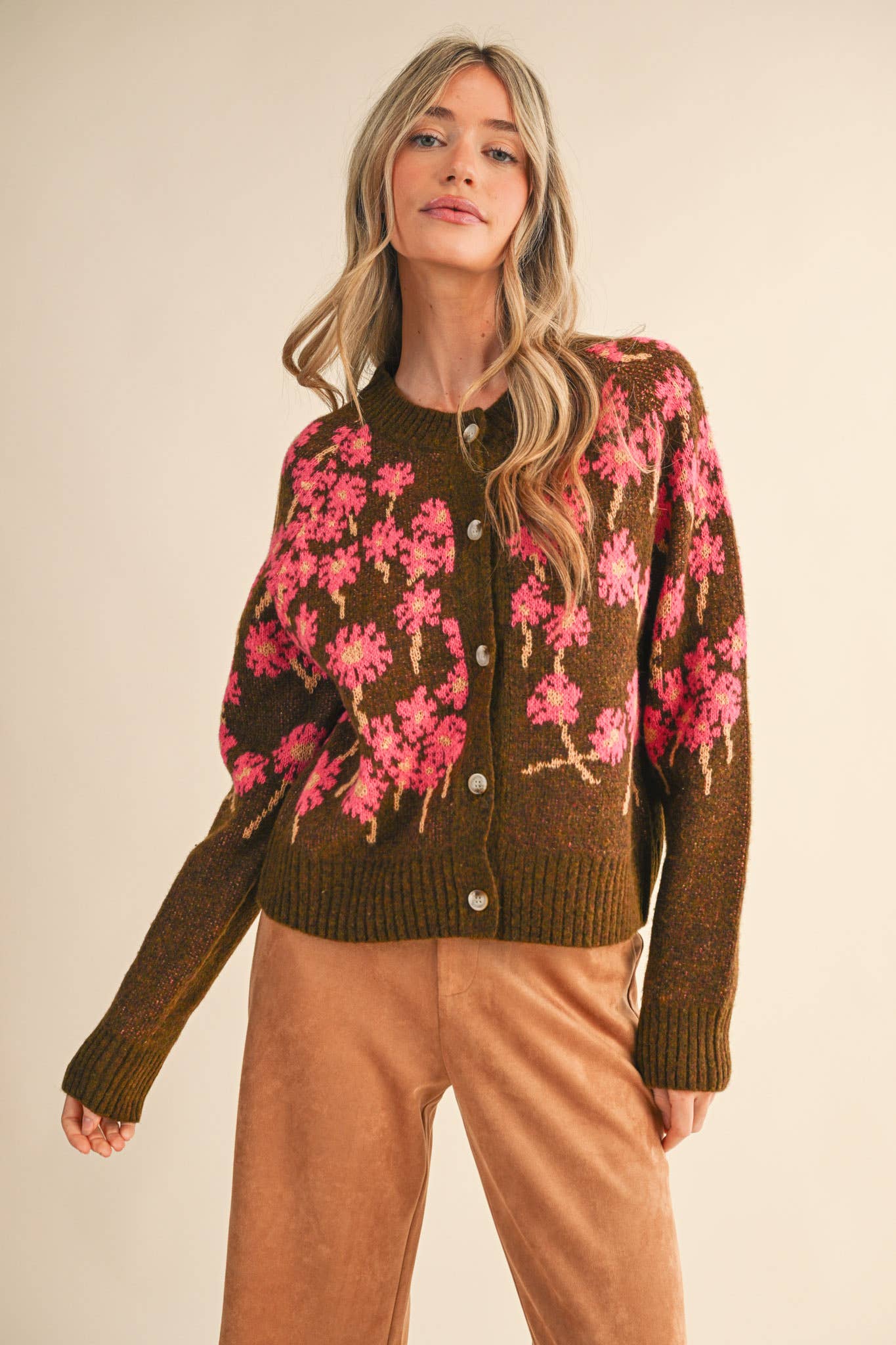 &MERCI - Wholesale Cardigan - Women's - FLORAL KNIT BUTTON DOWN SWEATER CARDIGAN MSW1123841