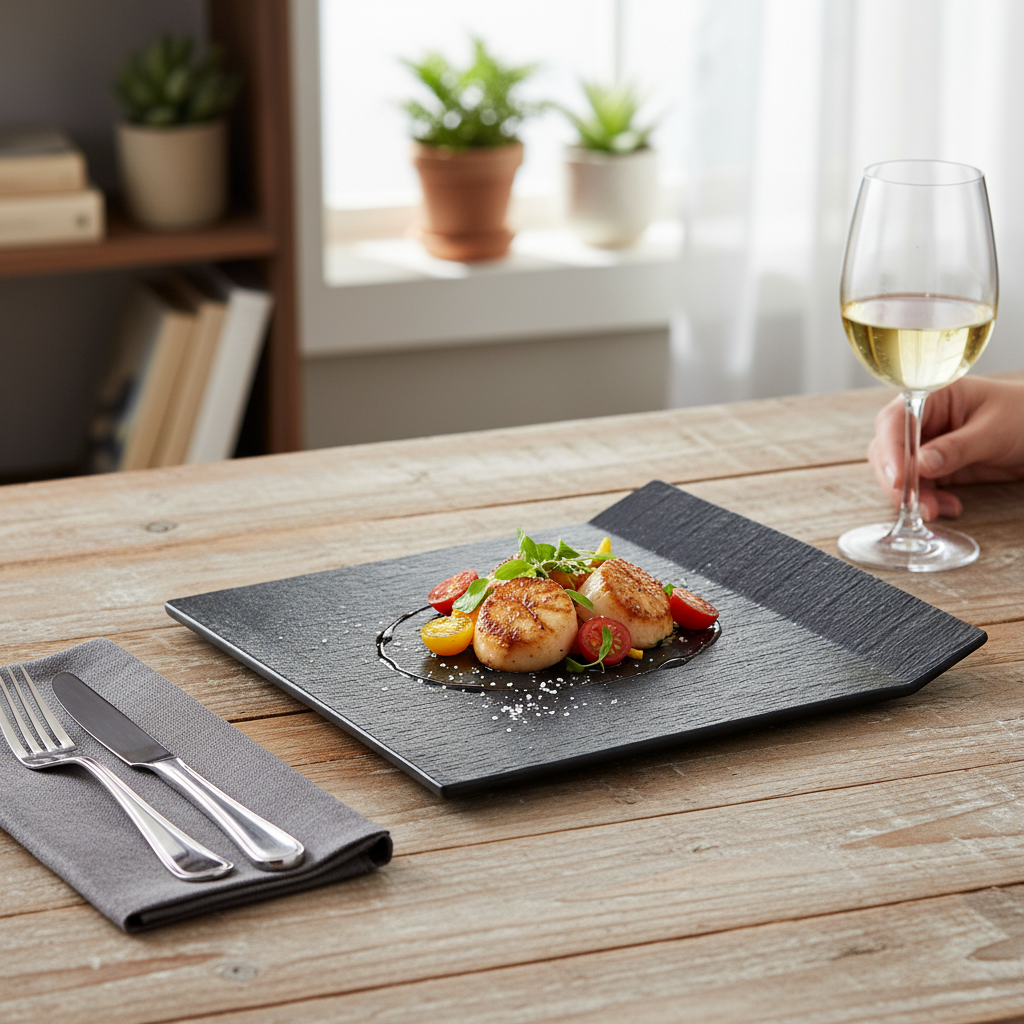 Kadra Kitchenware – wholesale Dinner plate – Vikko Thunder - Black Matte Square Lifted Edge Plate, 12.25"1