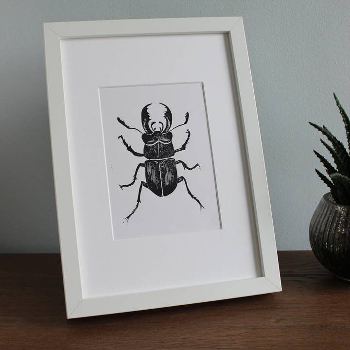 Jackdaw and Bear - Wholesale Art print - Stag Beetle Lino hand printed insect linocut print7