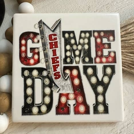 Game Day KC Chiefs Football Ceramic Coasters for wholesale by Dogwood Graphics & Design