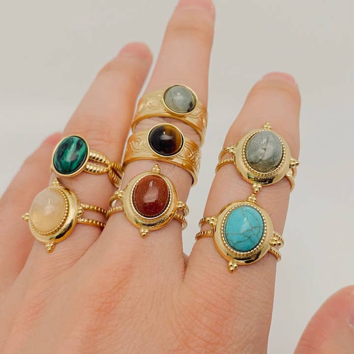 Mio Queena - Wholesale Single Stone/Solitaire Ring - Gold Plated Stainless Steel Natural Stone Ring - FGS/CS