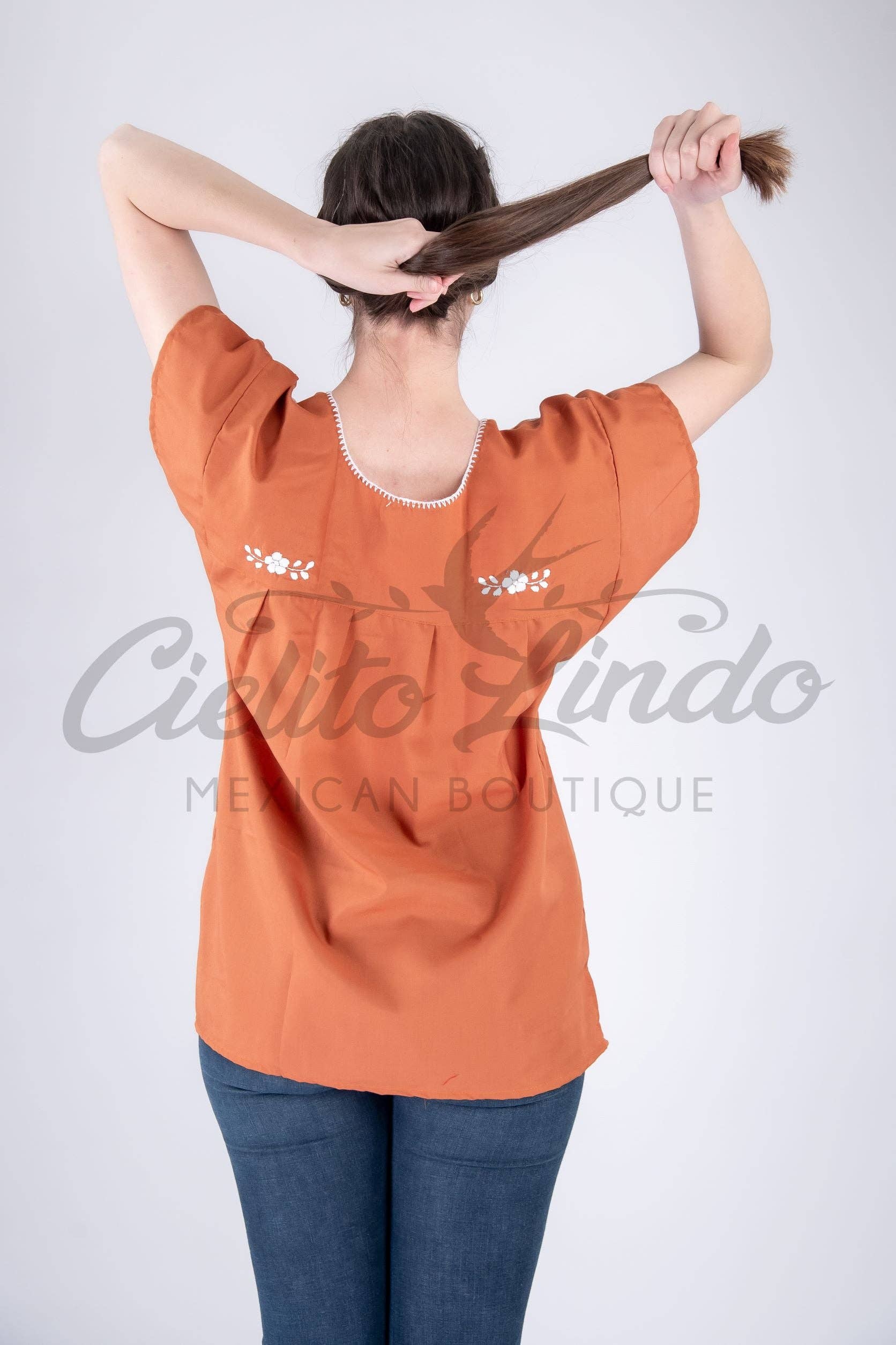 Burnt Orange Mexican Blouse Full Embroidered Texas Longhorns for wholesale on Faire6
