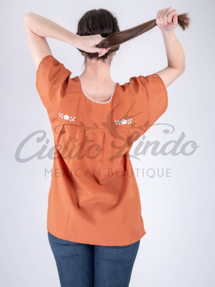 Burnt Orange Mexican Blouse Full Embroidered Texas Longhorns for wholesale on Faire6