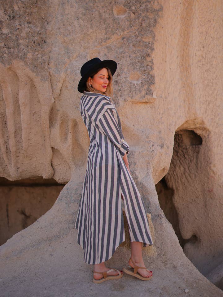 Moa - Wholesale Dress - Women's - Anthracite Striped Long Linen Shirt Dress2