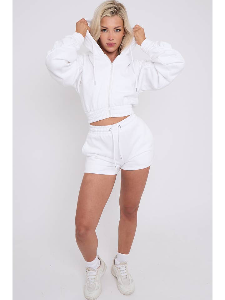 Stylewise Direct – wholesale Lounge set – Women's – Cropped Zip Up Ruched Sleeve Hoodie & Shorts Fleece Co-ord7
