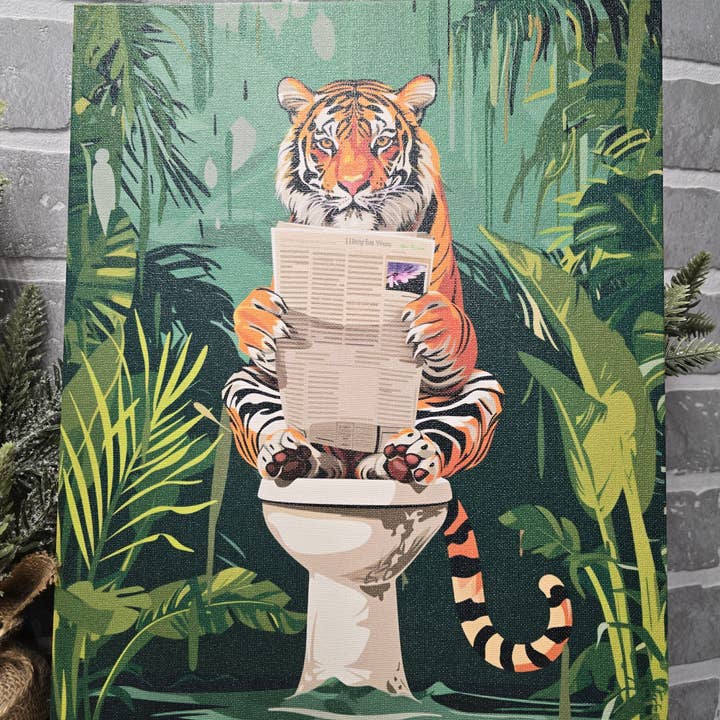 Jungle Tiger “Bathroom Break” Canvas Wall Art for wholesale by Shut The Front Door KC