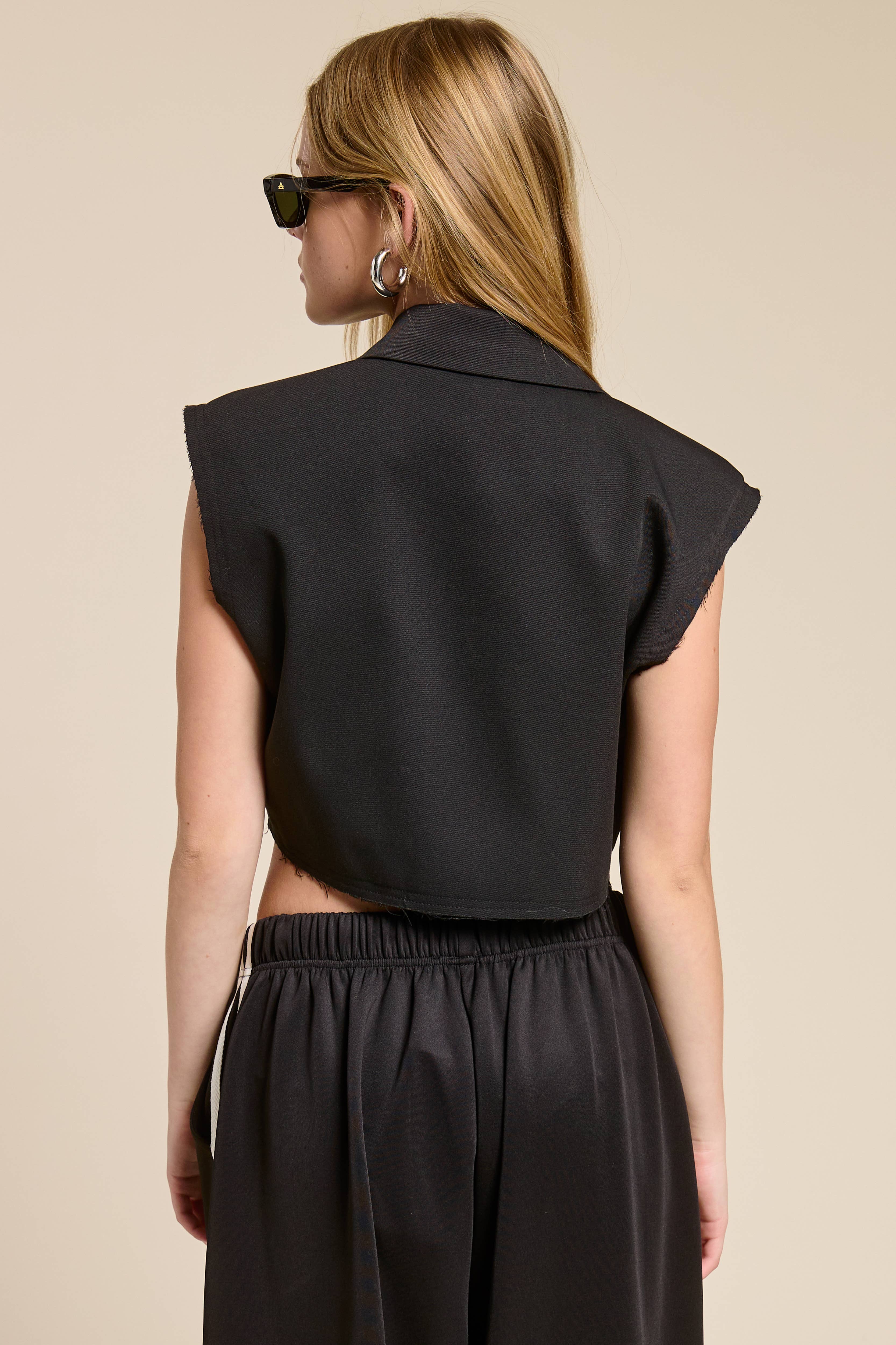 Mimosa - Wholesale Outerwear Vest - Women's - Cropped Collared Vest with Raw Hem3