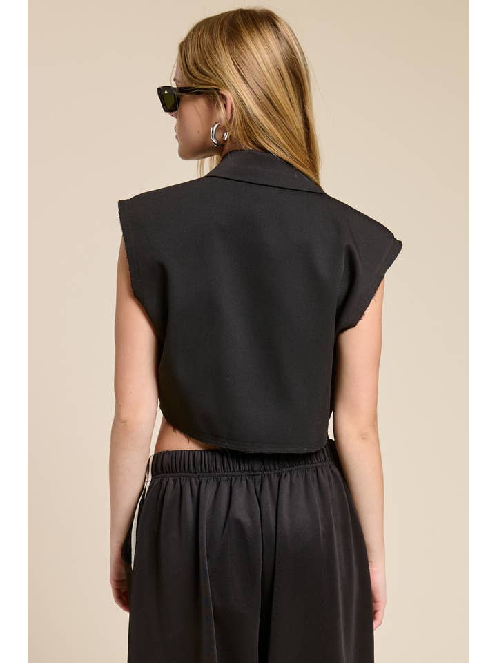 Mimosa - Wholesale Outerwear Vest - Women's - Cropped Collared Vest with Raw Hem3