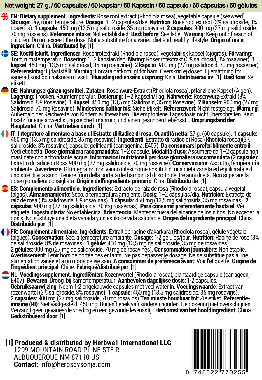 Herbs By Sonja - Natural health supplements - Wholesale Oral Supplement/Vitamin - Rose Root 450mg – Wholesale Energy, Focus & Stress Relief2