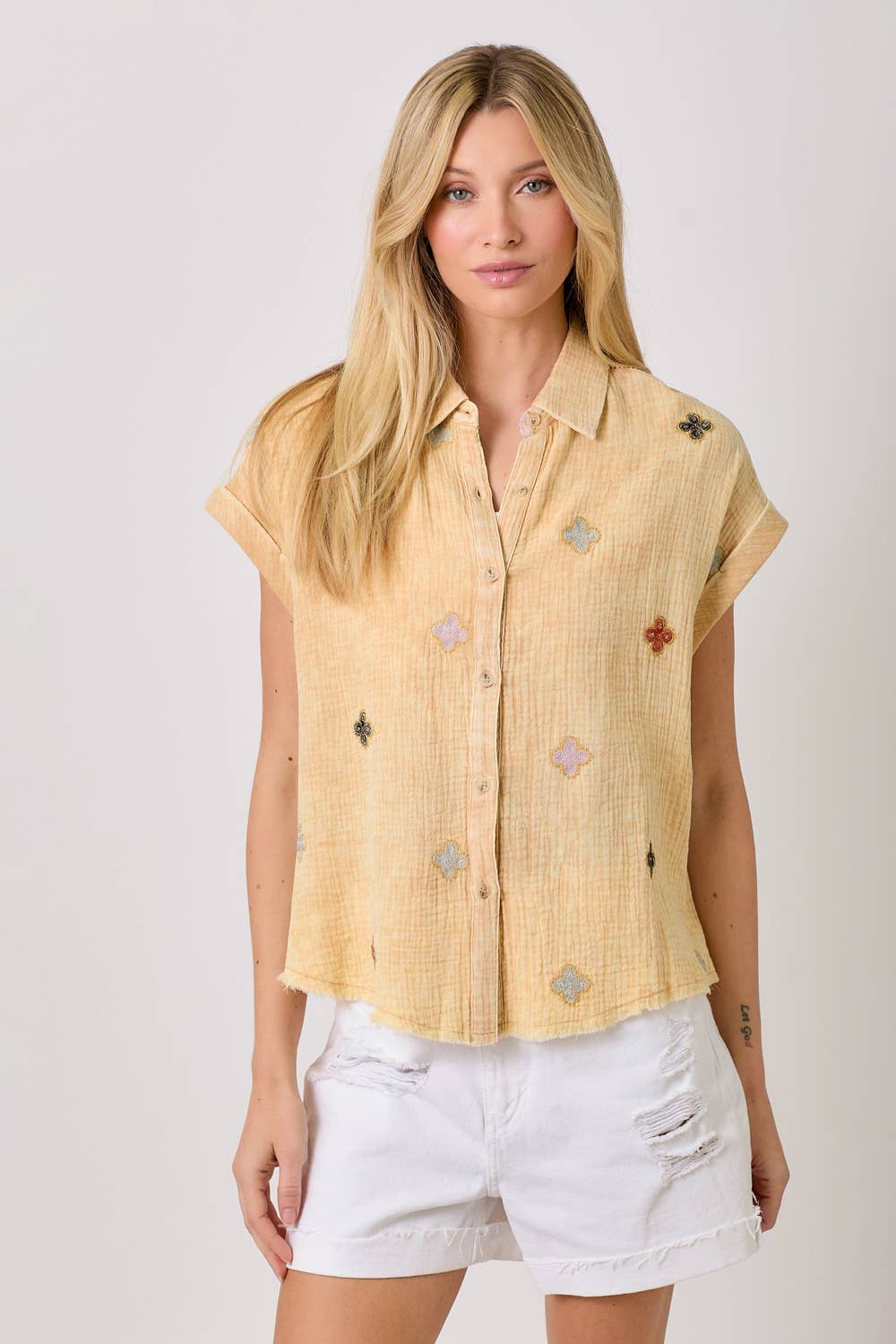 Mystree - Vente Chemise à col boutonné – femme - Haut brodé lavé 609582