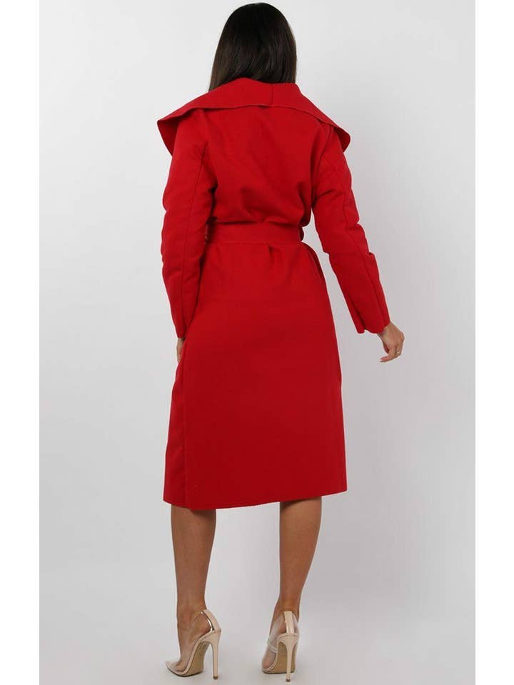 Femme Luxe - Vente Manteau – femme - Manteau long ceinturé rouge style duster à effet cascade - Femme Luxe5