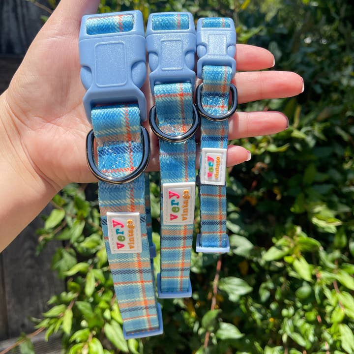 Very Vintage Designs - Wholesale Pet Collar - Dog - Murphy - Blue Orange Tartan Plaid Recycled Collar & Leash