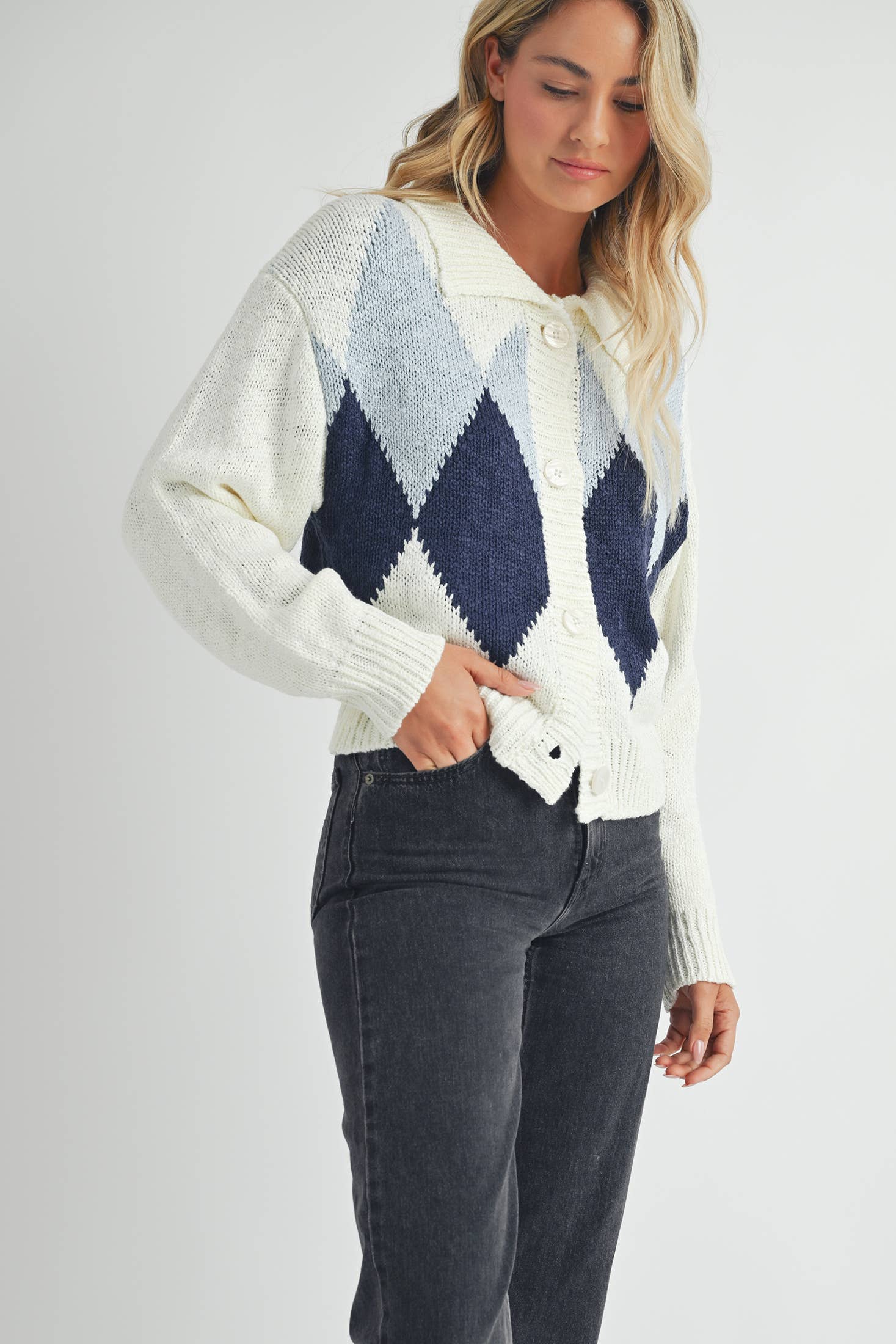 IVORY BLUE Argyle Pattern Cardigan. for wholesale on Faire2