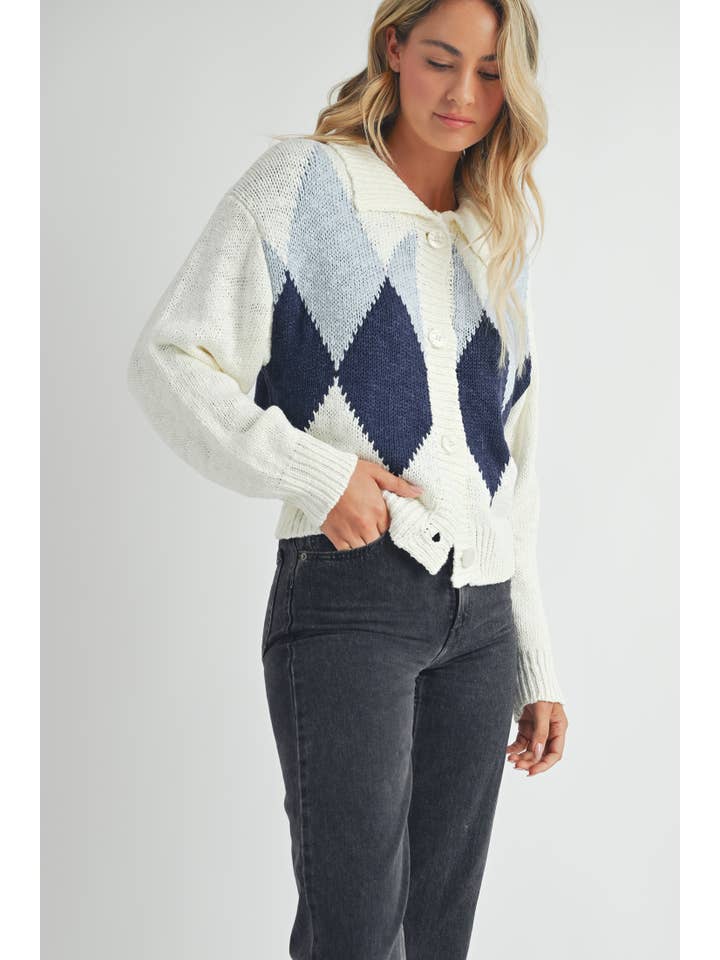 IVORY BLUE Argyle Pattern Cardigan. for wholesale on Faire2