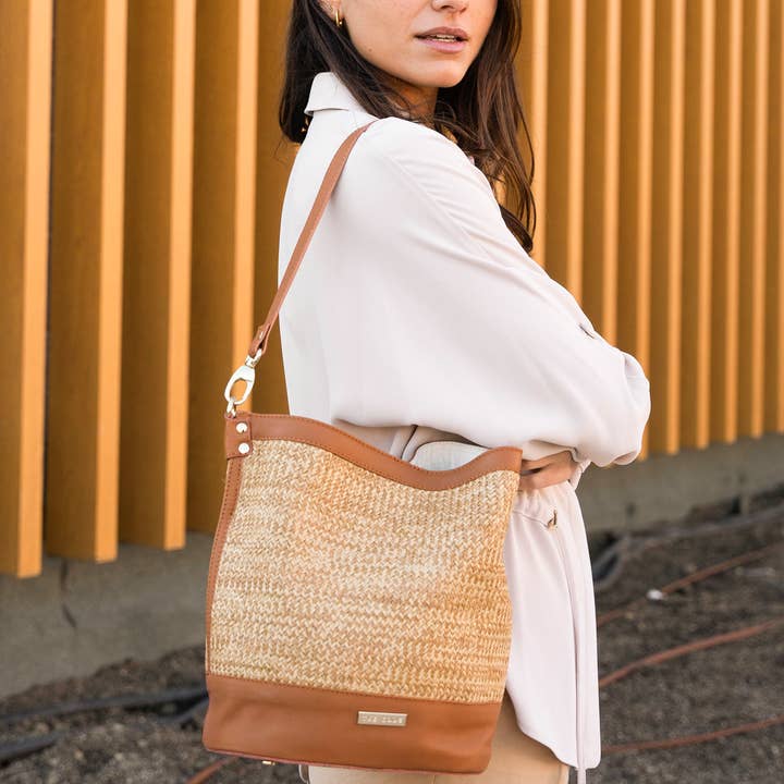JULIETA LEATHER AND RAFFIA BOX BAG for wholesale by THE CODE