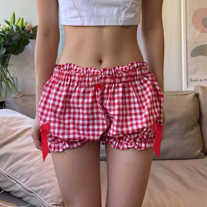 Rosa Clothing - Wholesale Shorts - Women's - Ruffled Bloomer Shorts Plaid Lounge Shorts2