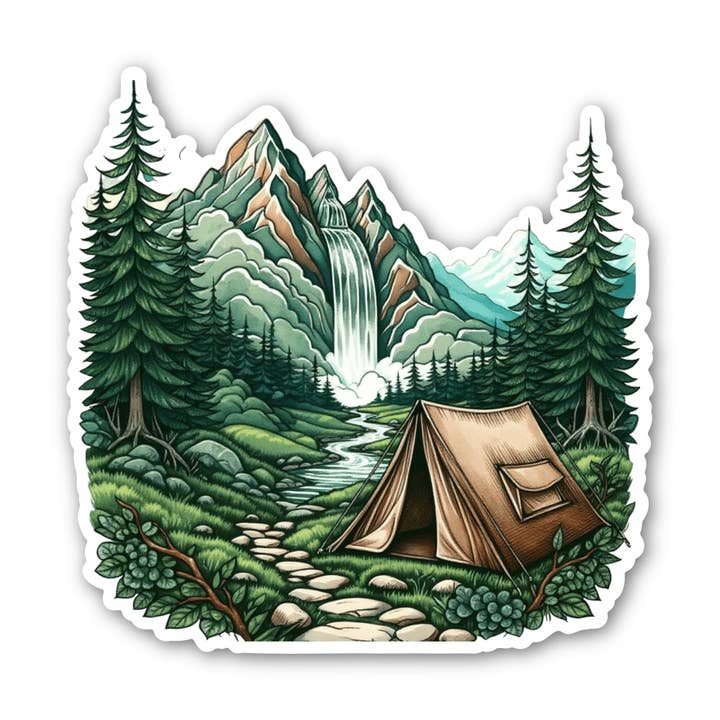 Waterfall Camp Site Sticker | Nature River Vinyl Decal for wholesale by PiggyPrintStickers