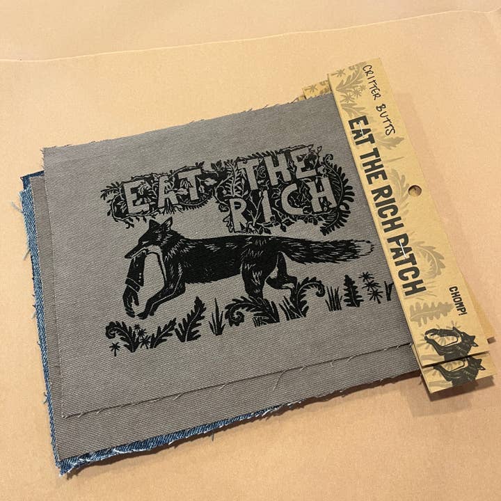 Spis de rige patch - Serigrafi på genbrugsdenim for engroshandel hos Critter Butts