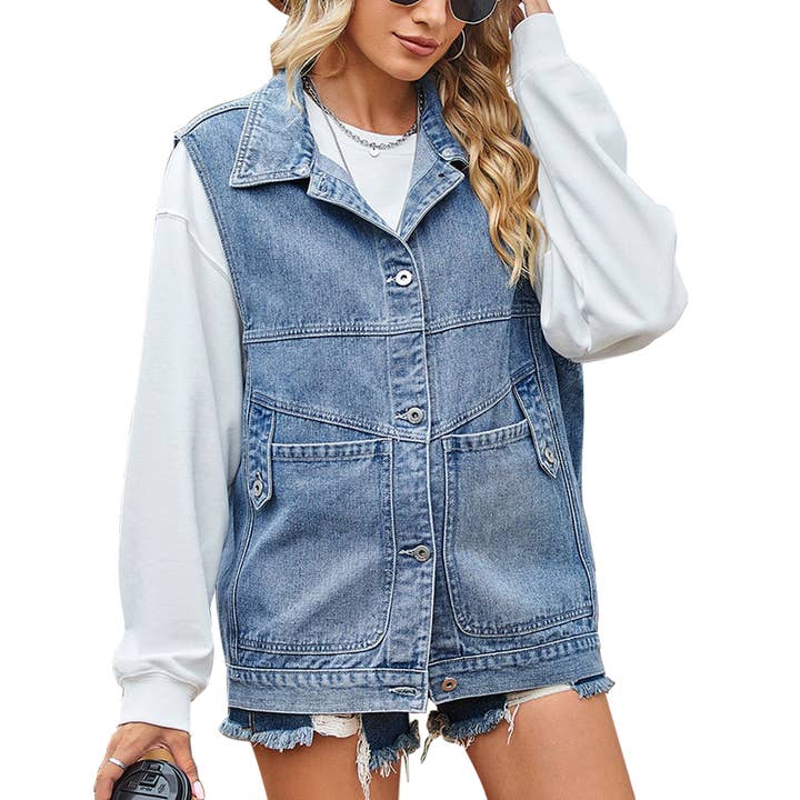 Lily Clothing - Wholesale Outerwear Vest - Women's - CWJV0008_VINTAGE BUCKELE POCKET COLLAR DENIM VEST3