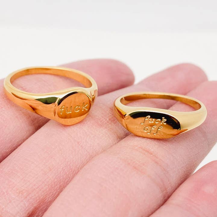 Mio Queena - Wholesale Cocktail/Statement Ring - Geometric "fuck off"18K Gold Plated Stainless Steel Ring-FGS