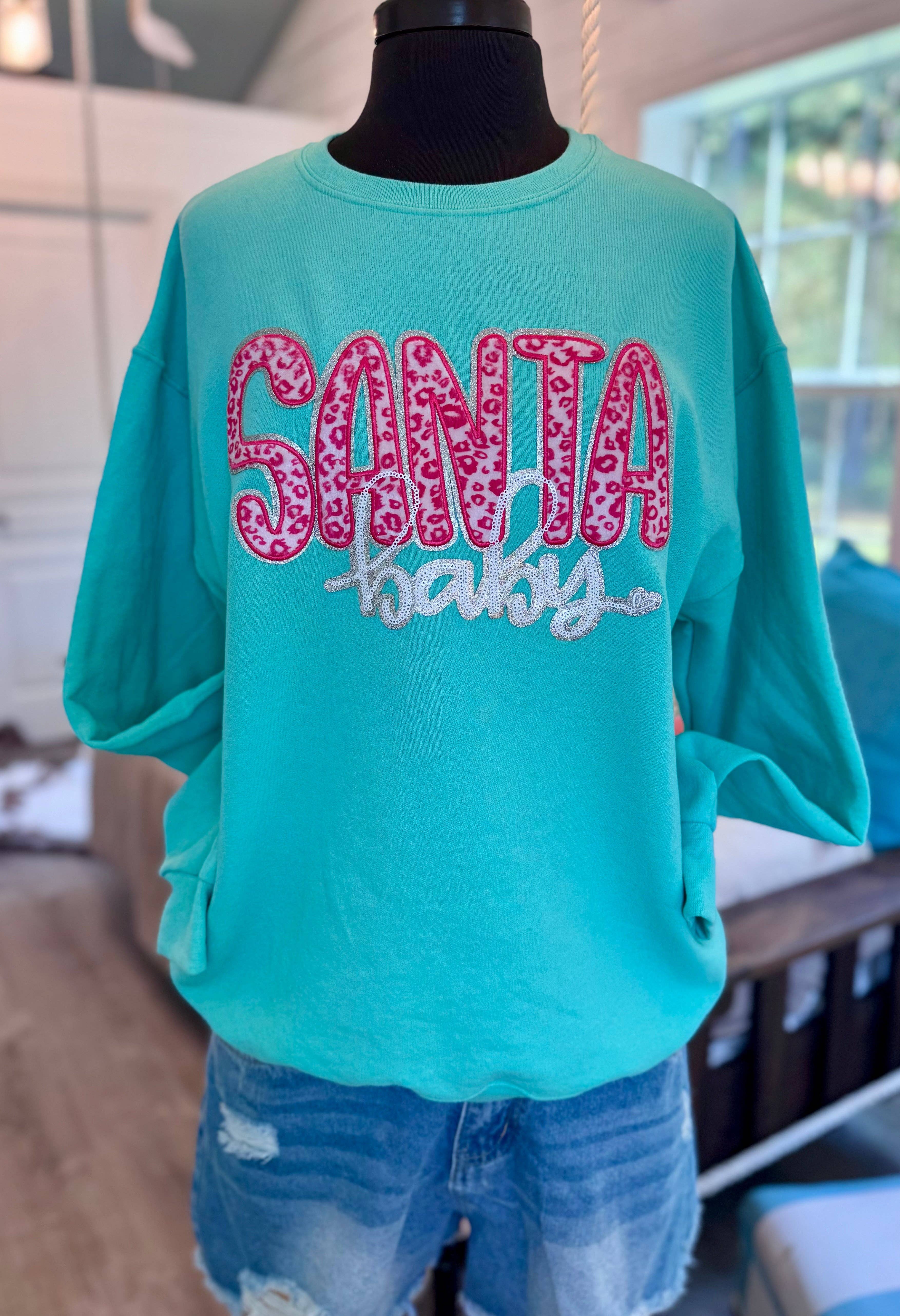 sequinandstiches – Emblema por atacado – Santa Baby Rosa Leopardo Chenille e Lantejoulas Patch Termocolante, Fundo de Purpurina Prateada, Patch de Natal4