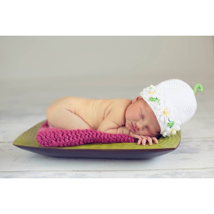 White Daisy Pearl Crocheted Handmade Heirloom Baby Gift Hat for wholesale by The Daisy Baby LLC