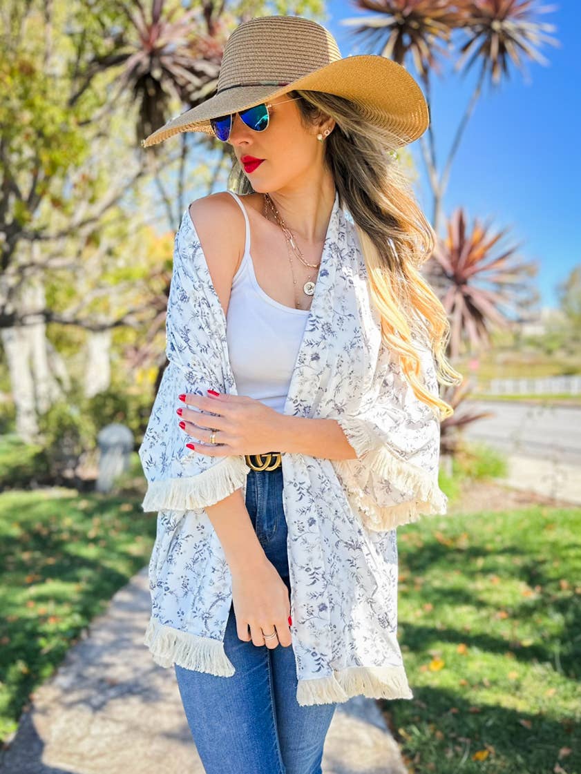 Ivory Boho Floral Printed Kimono with Fringe Trim for wholesale on Faire1