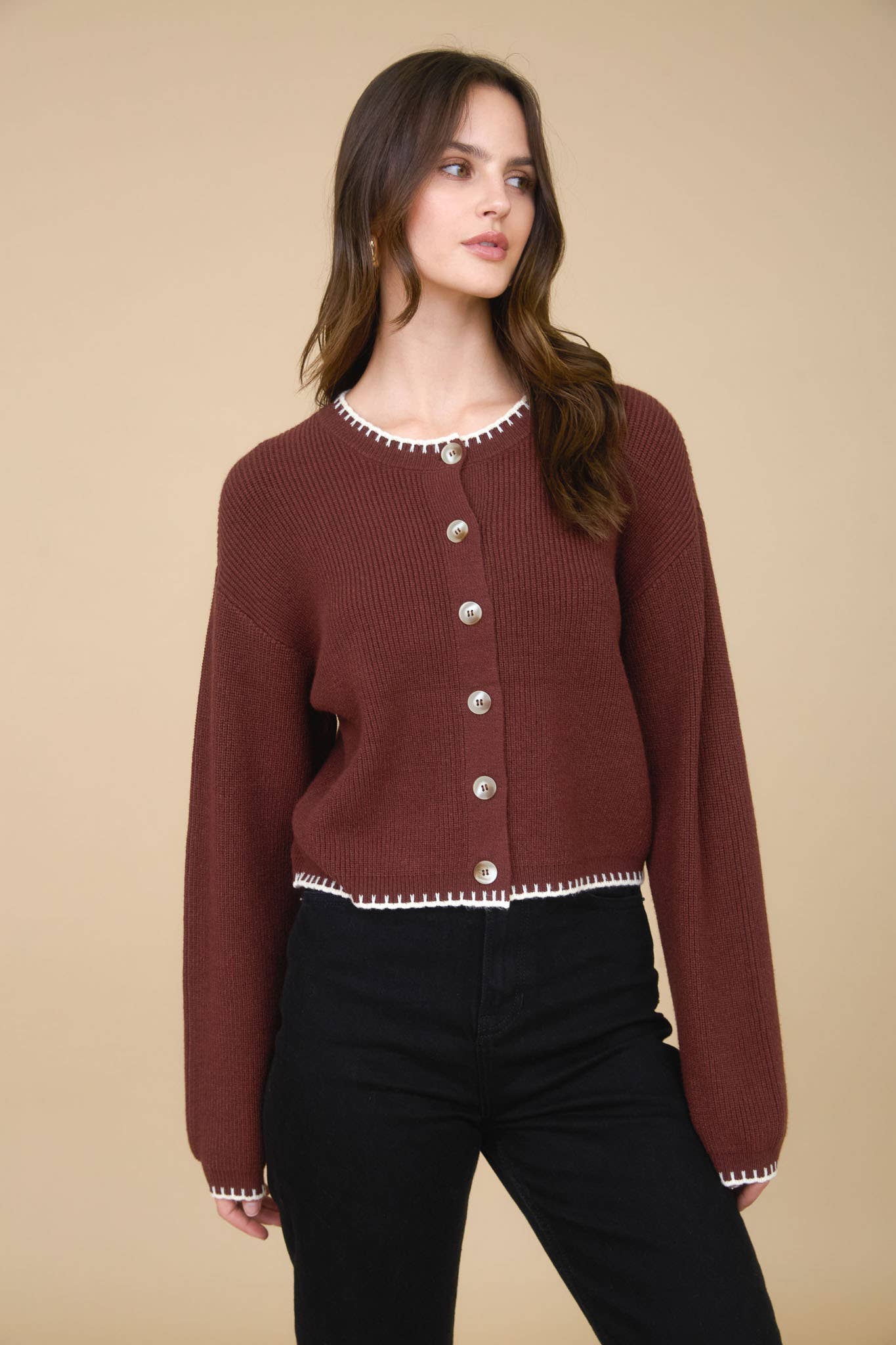 The Workshop Studio - Wholesale Knit Sweater - Women's - CONTRAST STITCH TRIM BUTTON DOWN KNIT CARDIGAN 8