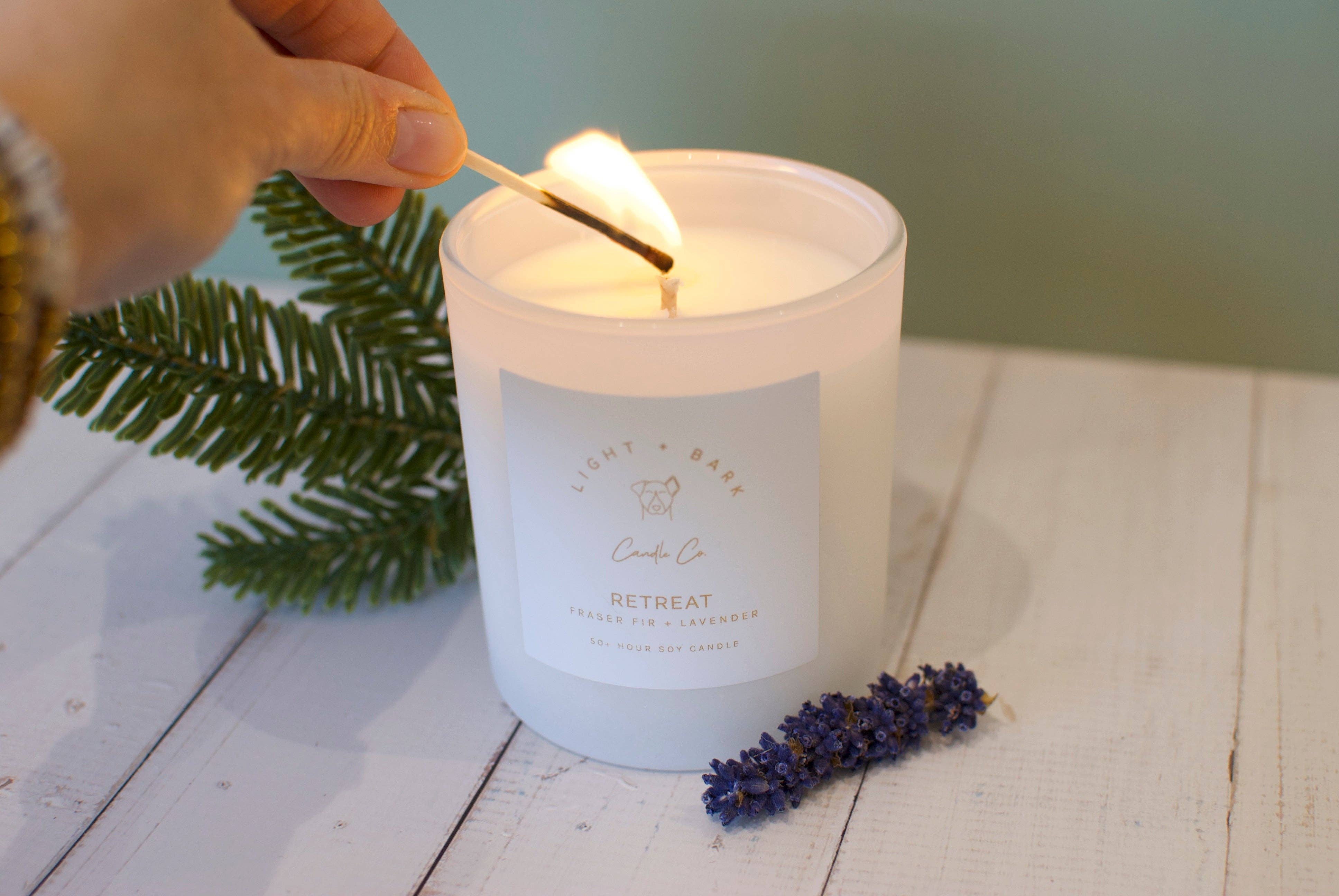 Light + Bark Candle Co. - Wholesale Jar/Filled Candle - Retreat 10oz Candle | White Glass Jar Soy Candle1