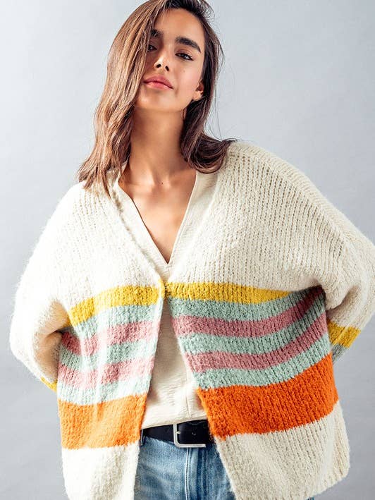 Urban Daizy - Wholesale Cardigan - Women's - SOFT KNIT STRIPED OVERSIZED BISHOP SLEEVE CARDIGAN