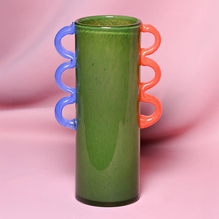 Raspberry Blossom Green Glass Vase With Wavey Handles for wholesale by WIDDOP and Co. US