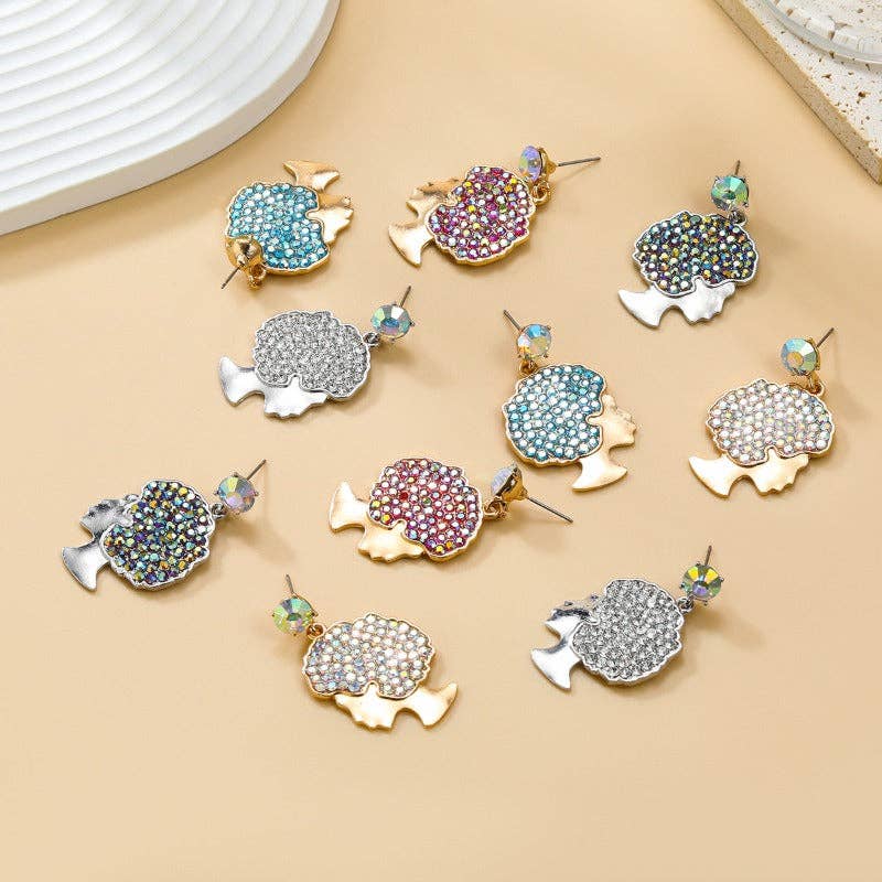 WoodWristCo - Venta al por mayor Pendientes colgantes - Pendientes Afro Curly Hair con diamantes completos7