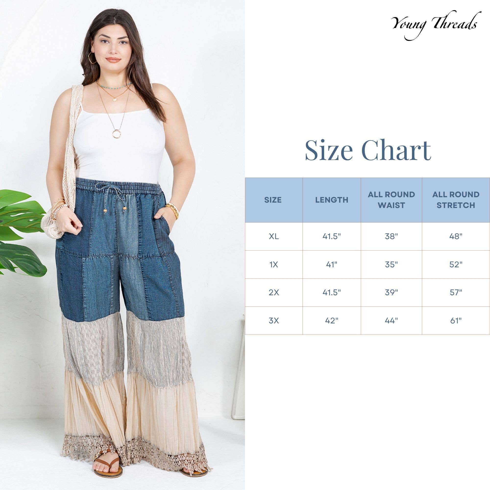 Young Threads - Vendita all'ingrosso Pantalone - Donna - Pantaloni lunghi in denim ispirati al boho con toppa solida (nuovo colore)20