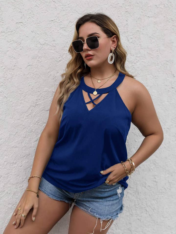 Flarix - Wholesale Knit Top - Women's - plus solid criss cross halter top