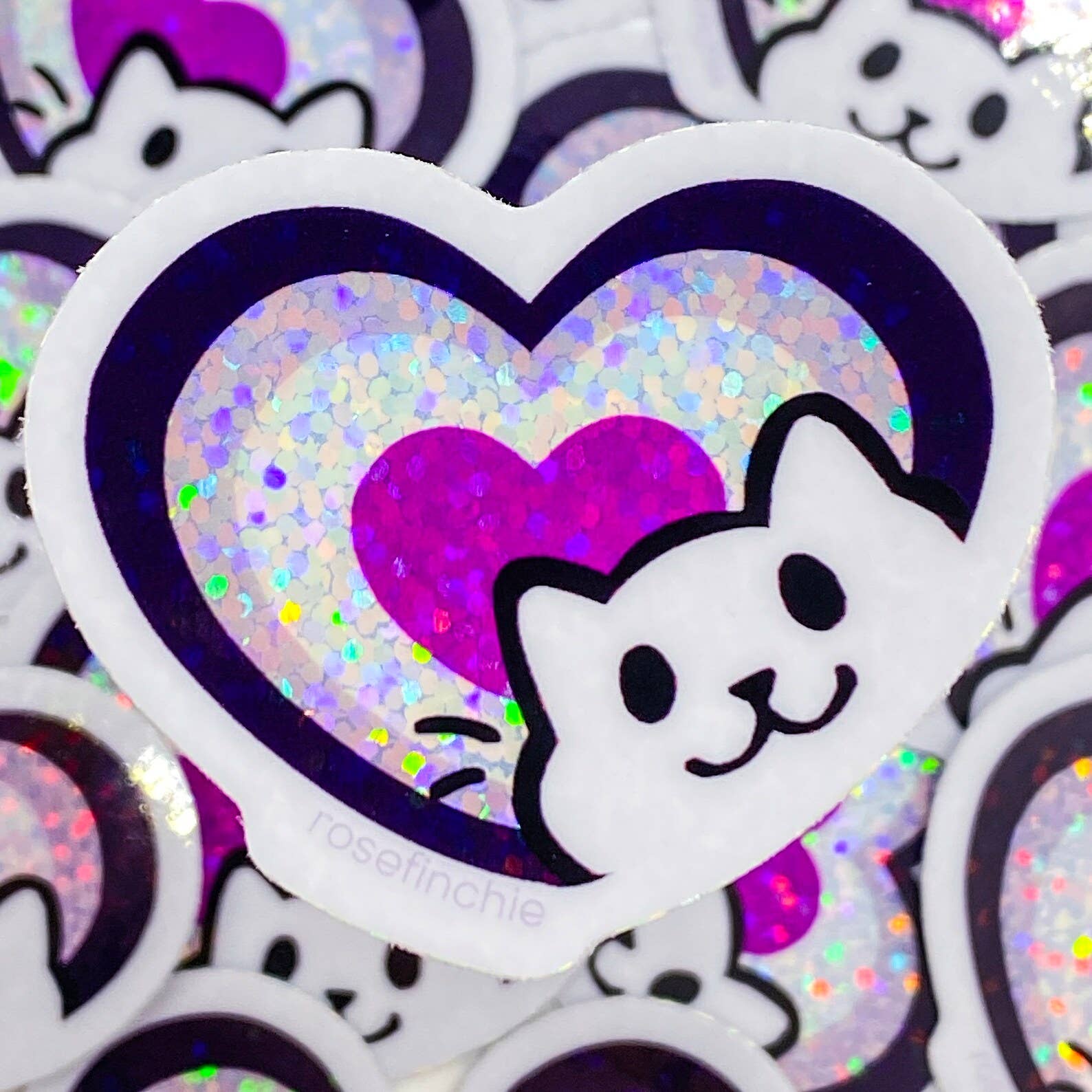rosefinchie - Wholesale Sticker - Ace Pride Cat Heart - 2” LGBT Glitter Sticker1