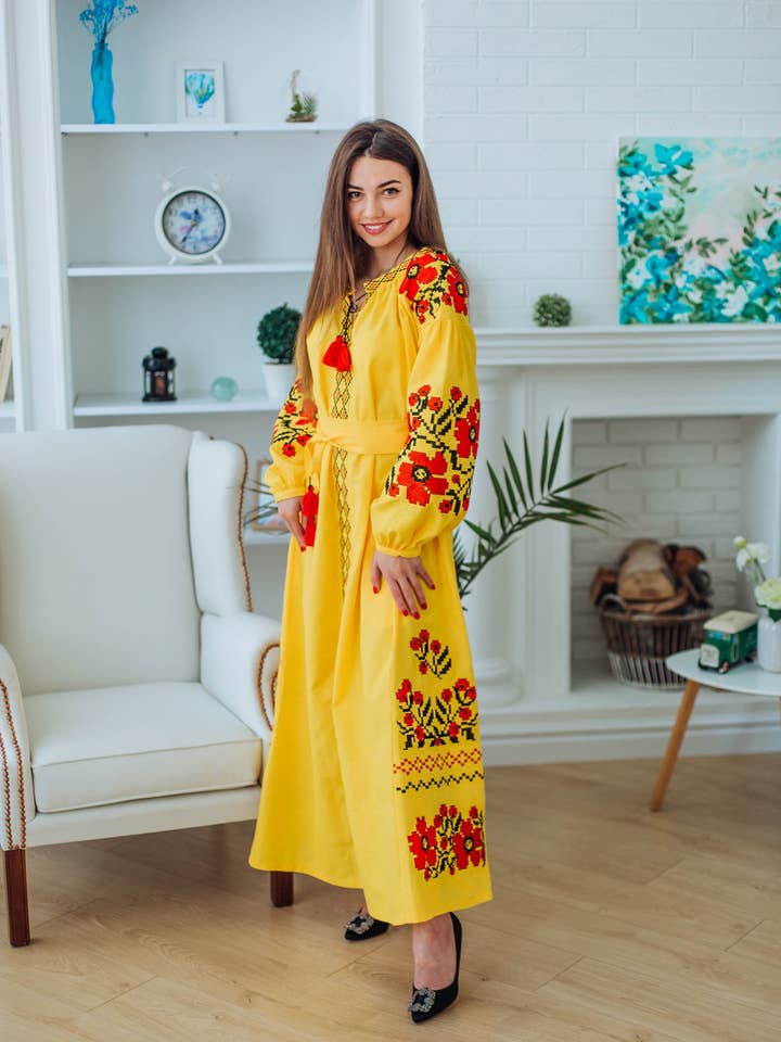 Parisian Bouquete Yellow Embroidered Dress for wholesale by Galychanka