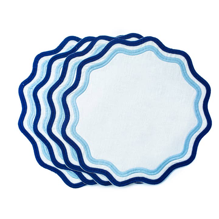 Colorblock Embroidered Linen Placemats in Blue (Set of 4) for wholesale by Misette