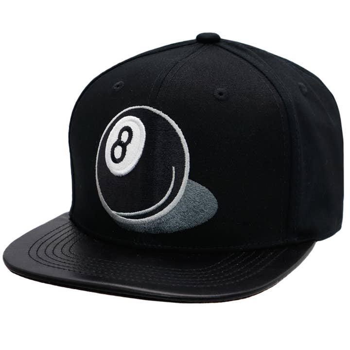 Cap Zone - Wholesale Flat Brim Cap - Men's - Pool 8 Ball PU Leather Bill Cotton Six Panel Snapback