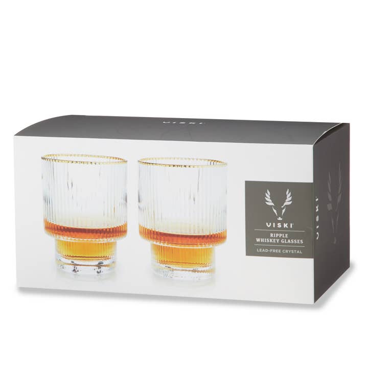 Viski - Wholesale Cocktail/Liquor Glass - Deco Meridian Gold-Rimmed Whiskey Crystal Tumblers