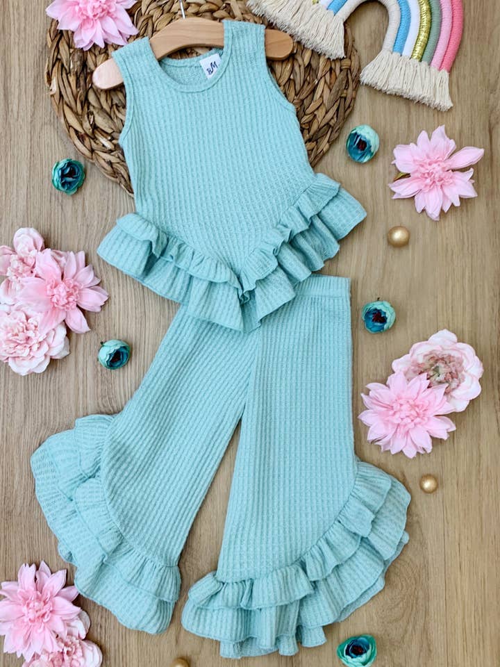 Mia Belle Girls • Wholesale – Engroshandel Top- og buksesæt – til børn – Pastelfarvet top med flæsekant og matchende palazzo-bukser6