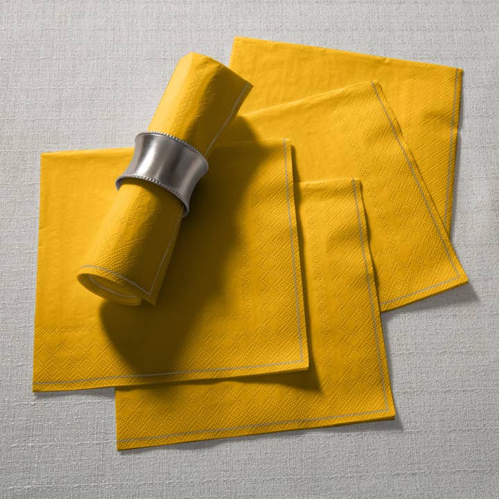 Luxe Party - Wholesale Disposable Napkin - Yellow with Gold Stripe Lunch Napkins | 20 Napkins